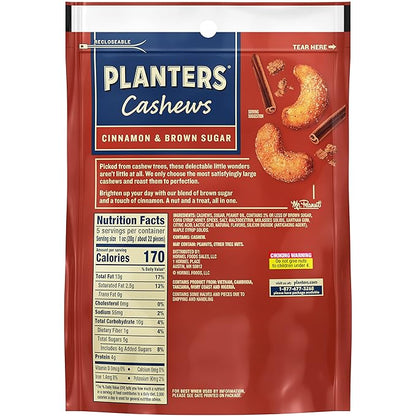 PLANTERS Cashews Cinnamon & Brown Sugar - Trail Mix Snack Pack - Snacks with Cinnamon & Brown Sugar, Snack Pack, Party Trail Mix, 5 Oz Bag (Pack of 2)