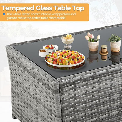 FHFO 6 Pieces Outdoor Patio Furniture Set, Wicker Sectional Sofa Patio Conversation Set Couch with Ottomans Rattan Chair and Table for Garden, Yard,Gray-Gray