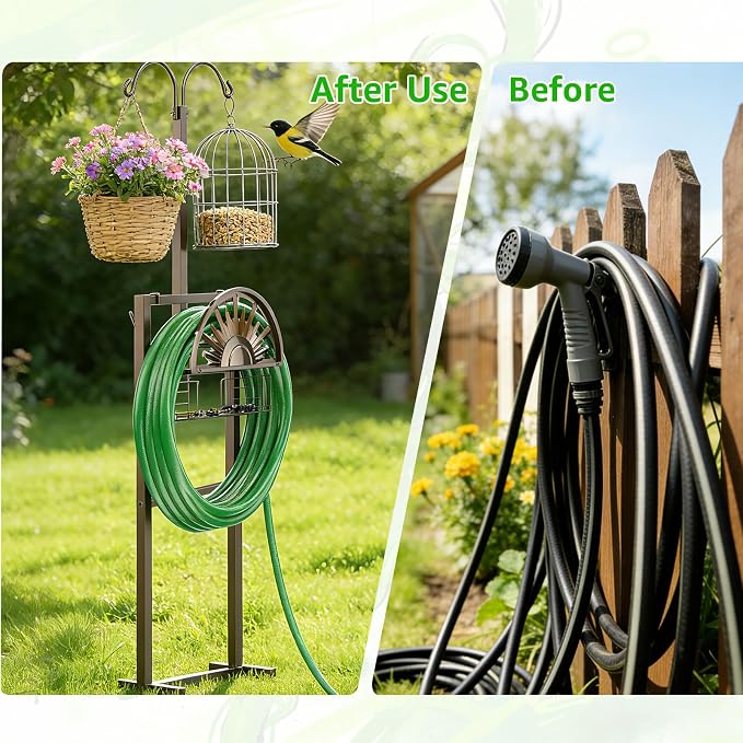GOFORWILD Heavy Duty Garden Hose Reel with 2 Shepherds Hooks, Holds 150-Feet of 5/8 Inch Hose, 77Inch Freestanding Hose Hanger with Storage Basket