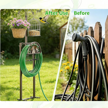 GOFORWILD Heavy Duty Garden Hose Reel with 2 Shepherds Hooks, Holds 150-Feet of 5/8 Inch Hose, 77Inch Freestanding Hose Hanger with Storage Basket