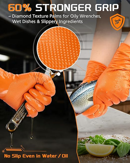 10mil Nitrile-Gloves Disposable-Orange Chemical-Resistant Rubber - Mechanic Gloves Heavy Duty, Latex Free, Diamond Grip (100, X-Large)