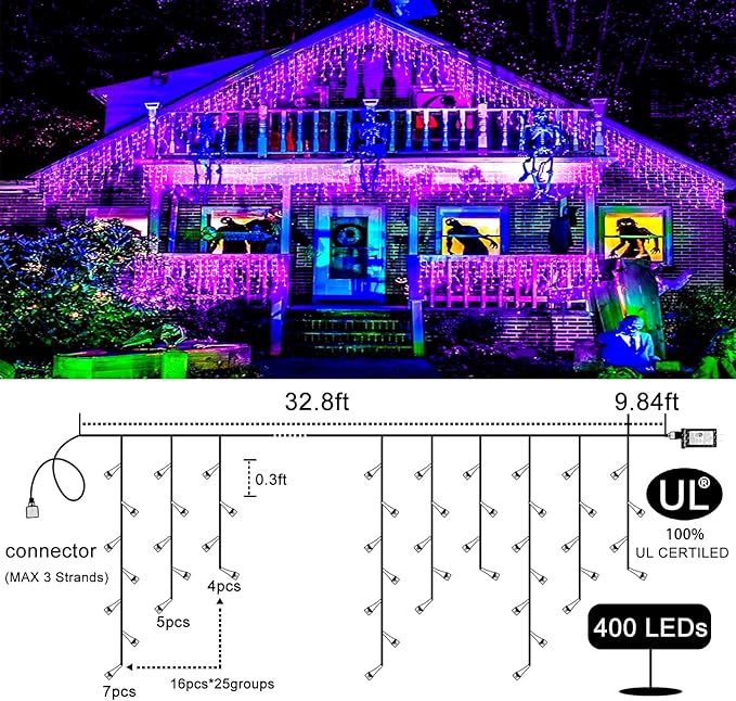 640 LED Icicle Lights for Outside 66ft Purple Christmas Lights Outdoor 8 Modes with 120 Drops Waterproof Christmas Icicle Light Plug in for Indoor House Party Holiday Decorations