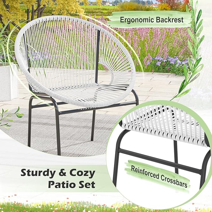 COSTWAY 3-Piece Outdoor Acapulco Chair Set, Wicker Conversation Bistro Sets with Plastic Rope, Glass Top Table, Patio Rattan Furniture Set for Garden, Balcony, Lawn, Backyard, Apartment, White