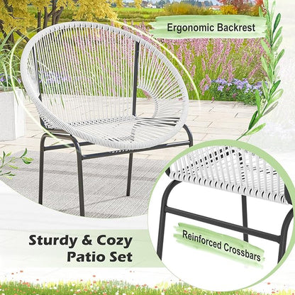 COSTWAY 3-Piece Outdoor Acapulco Chair Set, Wicker Conversation Bistro Sets with Plastic Rope, Glass Top Table, Patio Rattan Furniture Set for Garden, Balcony, Lawn, Backyard, Apartment, White