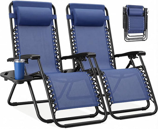 NEWBULIG Zero Gravity Chairs Set of 2, Lounge Chair Folding Portable Adjustable Camping Recliner with Adjustable Pollow, Mesh Back, Cup Holder Trays Lawn Patio Chair for Pool Beach