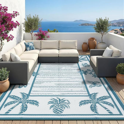 Garvee Outdoor Rug 8x10 Waterproof for Patios, Reversible Plastic Straw Rug, Tropical Leaf Indoor Outdoor Rugs, Large Area Rug for RV, Camping, Deck, Picnic Mat, Outside Carpet, Blue/White