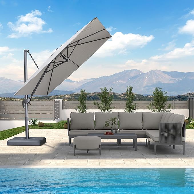 PURPLE LEAF 9 FT Cantilever Patio Umbrella Outdoor Aluminum Offset Square Umbrella with 3 Years Fade Resistance Recycled Fabric and 360-degree Rotation for Deck Pool Garden, Pebble Grey