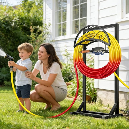 Garden Hose Holder Stand, BOLITE Metal Hanger with Storage Basket, 150ft | Heavy Duty, Freestanding Detachable, Water Hose Holder with Storage Basket, 4 Spikes, Storage Rack for Outside Yard Lawn Farm