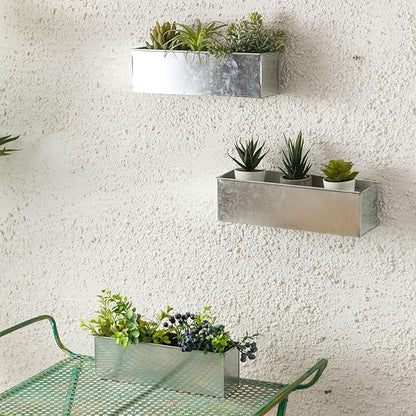 LaLaGreen Wall Planter (3 Pack, 16 Inch) Large Wall Mount Planters for Succulent, Silver Rectangular Metal Hanging Flower Pot, Long Window Sill Plant Box Railings Herb Indoor Rustic Farmhouse Decor