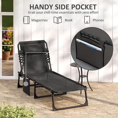 Outsunny Folding Chaise Lounge Chair Outdoor, Sun Tanning Chair with Side Pocket, Carrying Strap, Portable Patio Beach Lounger with 5-Position Reclining Back, Headrest for Pool, Camping, Yard, Black