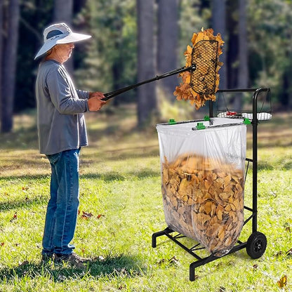 CAROD Leaves Grabber Rake with Leaf Bag Cart Combo, Lightweight Metal Leaf Grabber with Long Handle, Convenient Trash Bag Cart Holds 30-45 Gallon Trash Bags for Leaves Weeding Camping Party