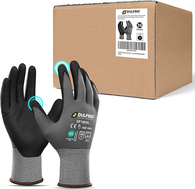 DULFINE Safety Work Gloves MicroFoam Nitrile Coated-36 Pairs Pack,Seamless Knit Nylon Glove with Black Micro-Foam Nitrile Grip,Ideal for General Purpose,Automotive,Home Improvement,Painting(XX-Large)