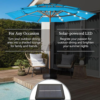 Best Choice Products 10ft 3-Tier Solar Patio Market Umbrella, Outdoor Sun Shade for Backyard, Deck, Poolside, Table w/Woodgrain Pattern, LED Lights, Tilt Adjustment - Sky Blue