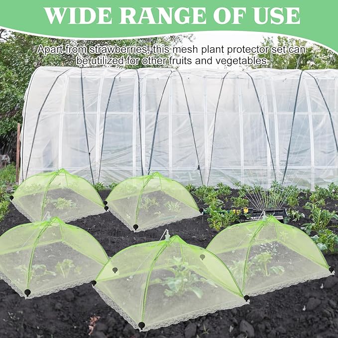 FoldTier 6 Sets Strawberry Supports with Plant Protectors from Animals, Strawberry Growing Racks and Mesh Plant Cover with Plastic Lawn Stakes and Storage Bag for Strawberry Vegetables (Light Green)