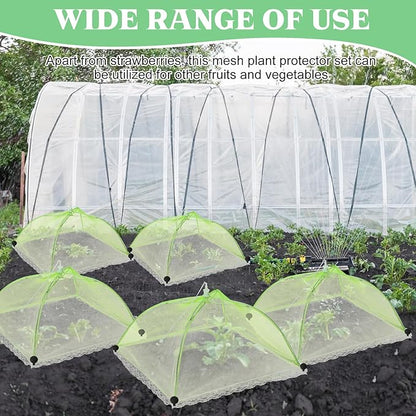 FoldTier 6 Sets Strawberry Supports with Plant Protectors from Animals, Strawberry Growing Racks and Mesh Plant Cover with Plastic Lawn Stakes and Storage Bag for Strawberry Vegetables (Light Green)