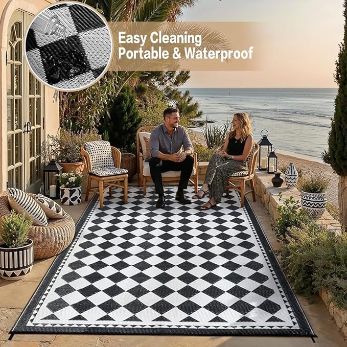 HUGEAR Outdoor Waterproof Rug 8'x10' Plastic Straw Rugs Washable Reversible Floor Mat Black/White Plaid Carpet for Camping RV Deck Entryance Porch Picnic Balcony Beach Backyard