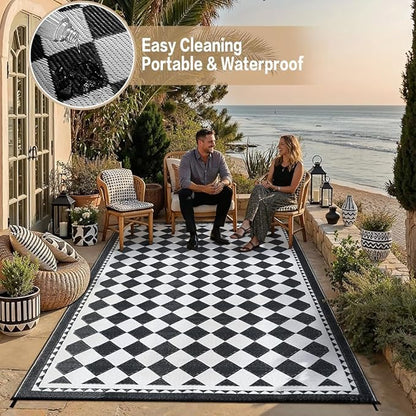 HUGEAR Outdoor Waterproof Rug 8'x10' Plastic Straw Rugs Washable Reversible Floor Mat Black/White Plaid Carpet for Camping RV Deck Entryance Porch Picnic Balcony Beach Backyard