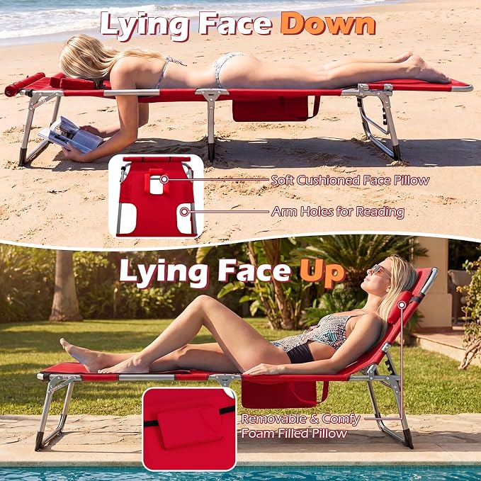 GYMAX Tanning Chair, 3 in 1 Sun Bathing Lounge Chairs with Face/Arm Holes & Side Pocket, Portable Lightweight Face Down Layout Tanning Chair for Outside, Beach, Backyard, Poolside (2, Red)
