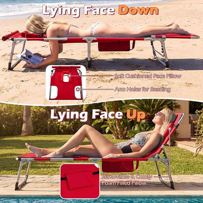 GYMAX Tanning Chair, 3 in 1 Sun Bathing Lounge Chairs with Face/Arm Holes & Side Pocket, Portable Lightweight Face Down Layout Tanning Chair for Outside, Beach, Backyard, Poolside (2, Red)