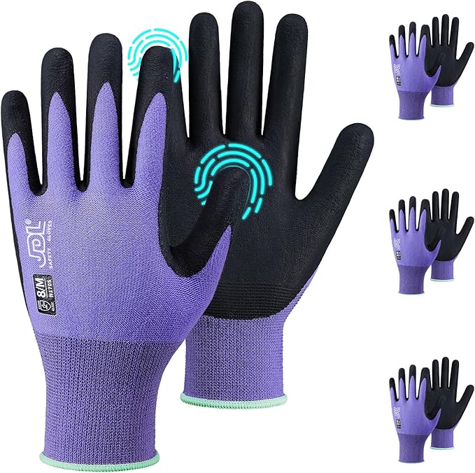 JDL Safety Work Gloves MicroFoam Nitrile Coated 3 Pairs, Seamless Knit Nylon Gloves with Touchscreen Finger, Non-slip Working Glove for Women Men, Ideal for Gardening, General Purpose, Purple, X-Large