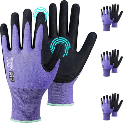 JDL Safety Work Gloves MicroFoam Nitrile Coated 3 Pairs, Seamless Knit Nylon Gloves with Touchscreen Finger, Non-slip Working Glove for Women Men, Ideal for Gardening, General Purpose, Purple, X-Large