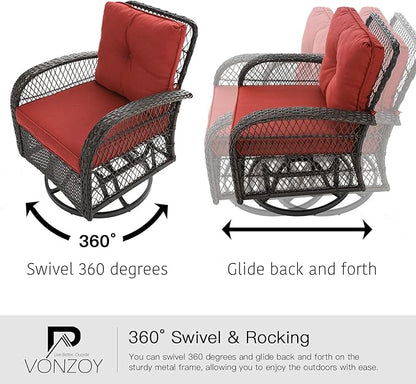 3 Pieces Patio Furniture Set, Outdoor Swivel Glider Rocker, Wicker Patio Bistro Set with Rocking Chair, Thickened Cushions and Table for Porch (Red)