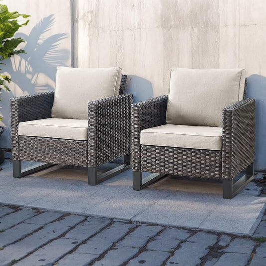 HUMMUH Patio Chairs Set of 2 PE Wicker Outdoor Dining Chairs High Back Deep Seating Porch Chairs with 4inch Seat Cushions