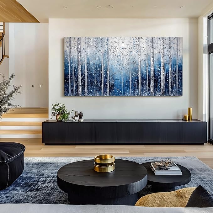 SERIMINO Birch Forest Wall Art, Nature Tree Extra Large Artwork, Spiritual Landscape Canvas Painting, Blue and White Aesthetic Pictures Wall Decor Living Room Bedroom Office Art Prints 29"X57"