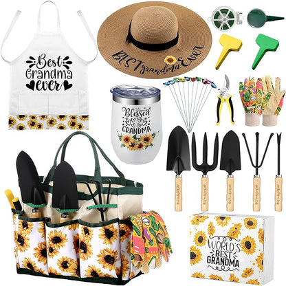 Lasnten 16 Pcs Mothers Day Garden Gift for Grandma Women Garden Tools Sunflower Birthday Gardening Supplies from Grandson Gloves Apron Insulation Cup Fork Trowel Tote Bags for Plant Lover Present