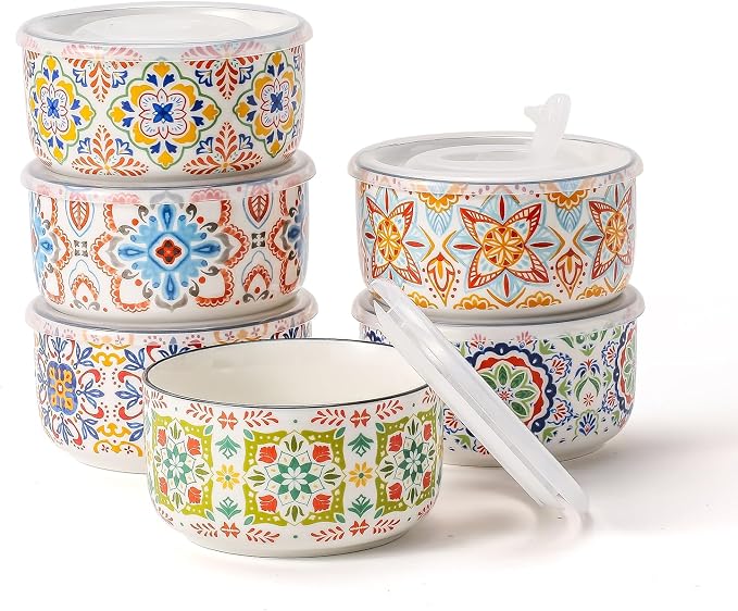 Ceramic Bowl with Lid, Microwave Safe, Set of 6 | Food Storage Containers for Soup, Meal Prep, Cereal, Salad Leftovers - Picnic, Camping, Office Lunch - 20 oz, B-Pattern