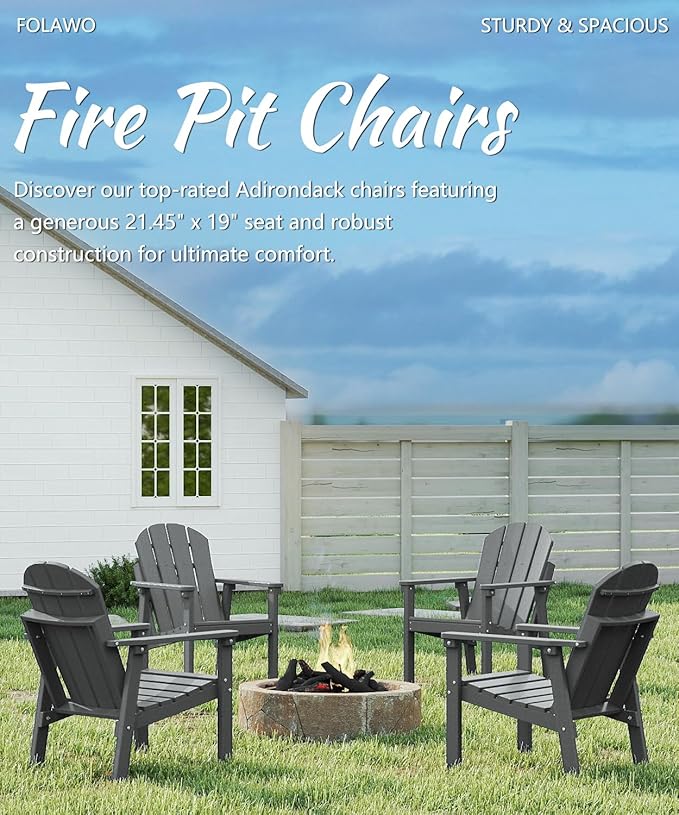 Adirondack Chair Set of 6, All Weather HDPE Fire Pit Chairs, Oversized Plastic Adirondack Chair for Outdoor, Balcony, Deck, Backyard, Patio, Garden, Poolside, Lawn Grey