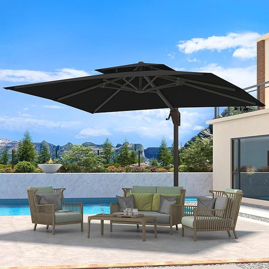 10 X 13 FT Patio Umbrella Heavy Duty Double Top Windproof Rectangle Cantilever Outdoor Umbrellas with 360-degree Rotation for Pool Deck Backyard, Black