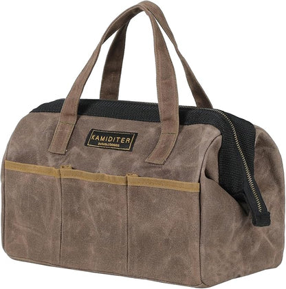 Tool Bag, 13-inch Heavy Duty 16oz Waxed Canvas Wide Mouth Water-Resistant Tool Bag, Tool Tote with Handle for Tools, Wrenches, Screwdrivers (13 X 7 X 9 inch) | Grey