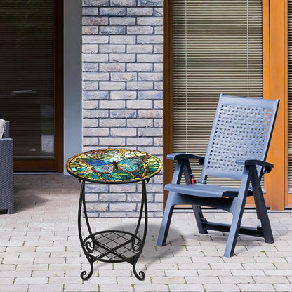 Cinnvoice Outdoor Side Table Round Small Mosaic Patio Accent Indoor End Plant Coffee Tea Table for Yard Patio Porch Garden Living Room, Bedroom(Butterfly Style,14 Inch)