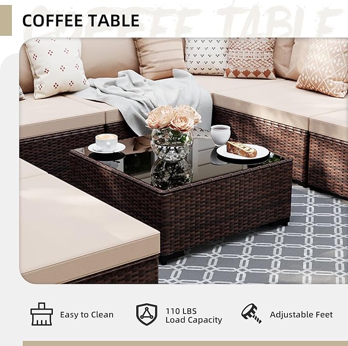 UPHA 9 Pieces Patio Furniture Sets Outdoor Sectional Sofa Wicker Conversation Couch for Decks, Backyards, Gardens, Brown Rattan, Beige Cushion