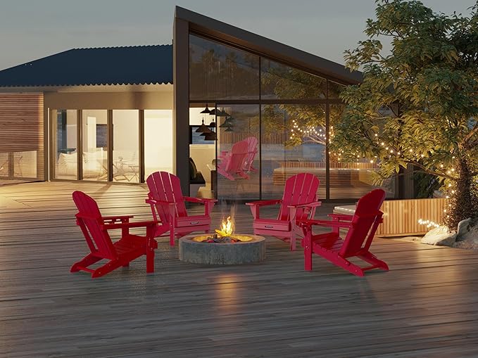 MUCHENGHY Folding Adirondack Chairs Set of 2, Patio Chairs, Lawn Chairs, Outdoor Chairs, Adirondack Chair Plastic, Fire Pit Chairs, Weather Resistant with Cup Holder for Deck, Backyard, Garden(Red)