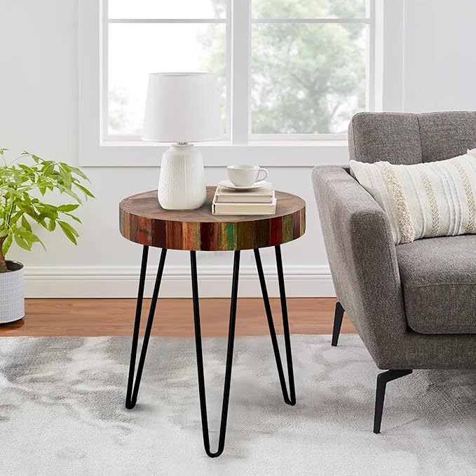 Wood Multi Color Side Table 16" x 16" x 21.5" H Farmhouse Reclaimed Wooden Coffee Tables Round Vintage Accent Rustic Plant Stand Outdoor Patio End Tables for Living Room Bedroom