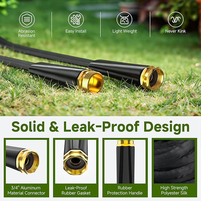 Garden Hose 75 FT, Non-Expanding Lightweight High-Pressure Water Hose with 10 Spray Nozzle, Portable No Kink Flexible Garden Hoses Pipe for Outdoor, Lawn, Yard, Car, House(500 PSI Max, 3/4" GHT)