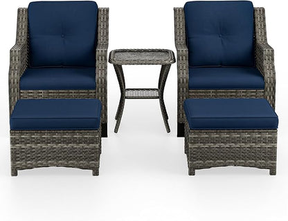5 Piece Patio Furniture Wicker Conversation Set, 2 Chairs, 2 Ottomans with 1 Side Table, for Outdoors, Backyard, Deck, Navy