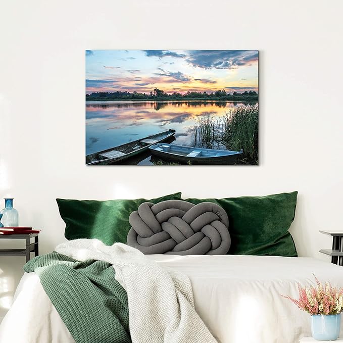 ArtSquare Lake Sunset Canvas Wall Art: Large Forest Landscape Scenery Prints Nature Green Water Reed Painting Wilderness Boat Shore Gallery Artwork Sunrise Skyline Scene Picture for Living Room