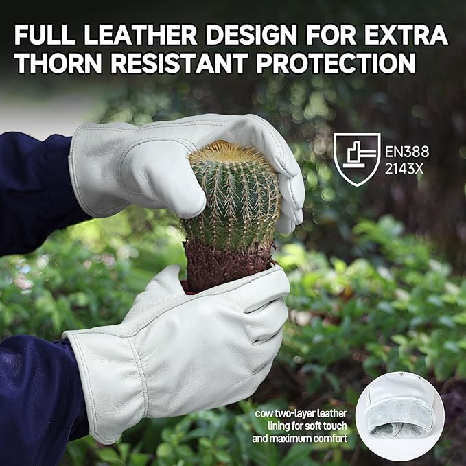 OZERO Leather Work Gloves for Men, Cowhide Gardening Gloves with Reinforced Palm, Flexible Keystone Thumb, Elastic Wrist