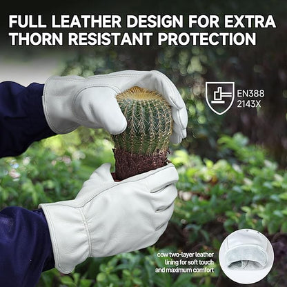 OZERO Leather Work Gloves for Men, Cowhide Gardening Gloves with Reinforced Palm, Flexible Keystone Thumb, Elastic Wrist
