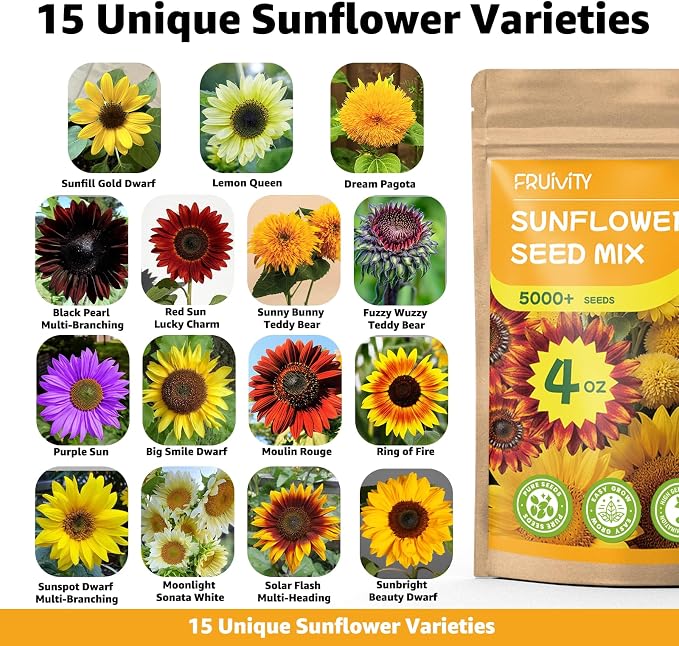 15+ Varieties 5000+ Sunflower Seeds for Planting, 4 Oz Heirloom Sunflower Mix Seeds to Plant (Giant Mammoth, Dwarf) Garden Variety Pack, High Germination, Attracts Pollinators