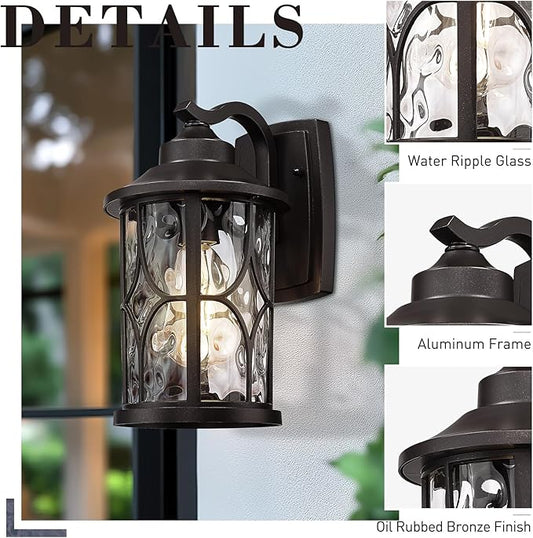 zeyu 12 Inch Outdoor Wall Lights, 2 Pack Exterior Front Porch Light, Die-Cast Aluminum, Oil Rubbed Bronze Finish with Water Ripple Glass Glass, ZX48BWG-2PK ORB