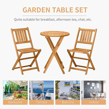 Outsunny 3-Piece Acacia Wood Bistro Set, Folding Patio Furniture with 2 Folding Chairs and Round Coffee Table, Teak, Slatted Finish, for Backyard, Balcony, Deck, Natural