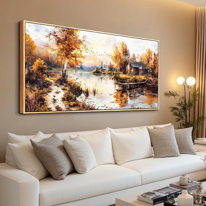 QIYILEXWART Canvas Wall Art For Living Room Large Wall Decor For Office Bedroom Decorations Lakeside Cabins Autumn Landscape Pictures Farmhouse Painting Artwork Room Wall Mural Home Decor 30x60 In