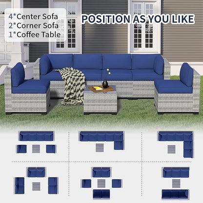 7-Piece Outdoor Sectional Patio Furniture Set, All-Weather Wicker Rattan Sofa w/Thick Washable Cushions & Tempered Glass Table, Perfect for Garden, Poolside, Backyard (7, Graywhite&Navy Blue)