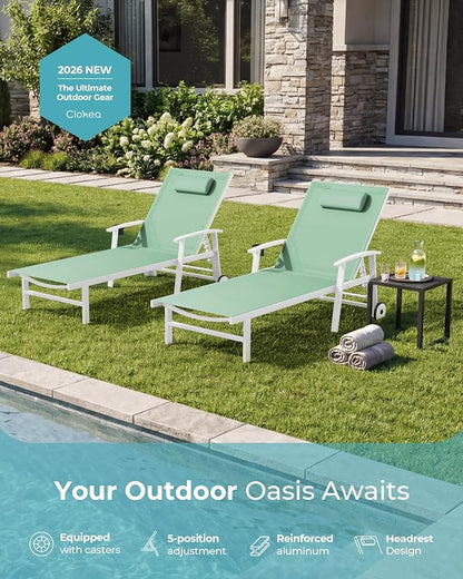 Ciokea Outdoor Lounge Chair with Pillow Set of 2, 5-Position Aluminum Chaise Lounge with Wheels & Armrests, 400 lbs Heavy Duty Patio Pool Chair for Backyard, Deck, Beach & Poolside, Light Green