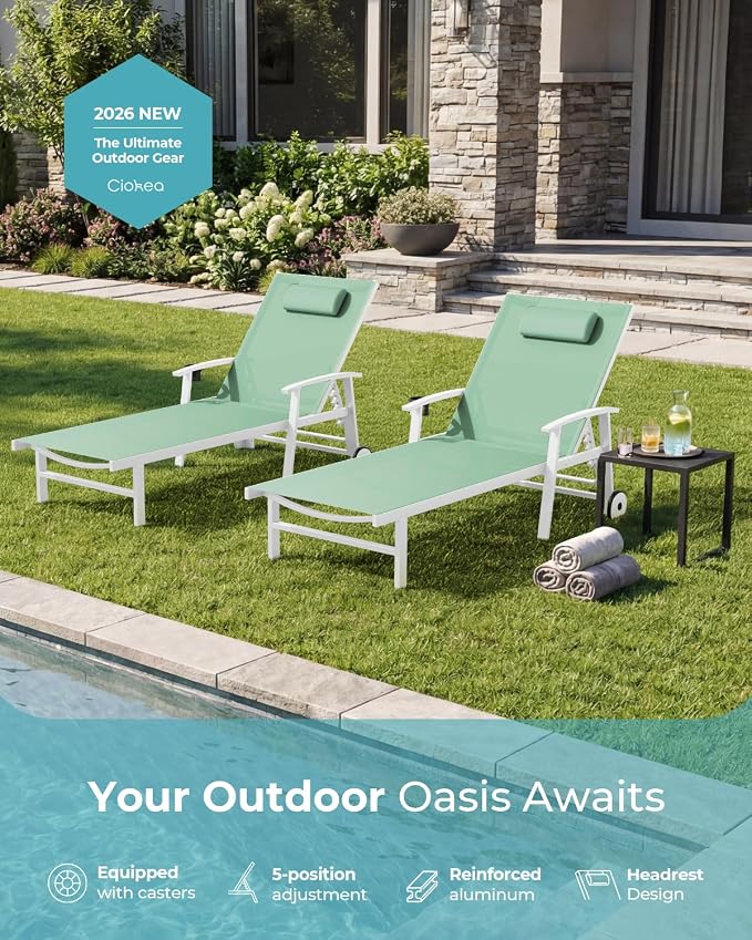 Ciokea Outdoor Lounge Chair with Pillow Set of 4, 5-Position Chaise Lounge with Wheels & Armrests, 400 lbs Heavy Duty Aluminum Pool Lounge Chairs, for Beach, Deck, Poolside & Backyard, Light Green