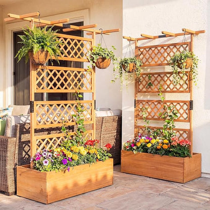 Giantex Raised Garden Bed with Trellis 2 Pack, 72'' Wooden Planter Box Outdoor w/Privacy Screen Roof, Large Vertical Garden Planter w/Drainage Holes for Climbing Plants, Patio Balcony Backyard